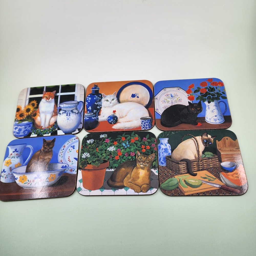 Jason Products Angela Morris Cat Coasters Set 6 Cork Backed Made in New Zealand